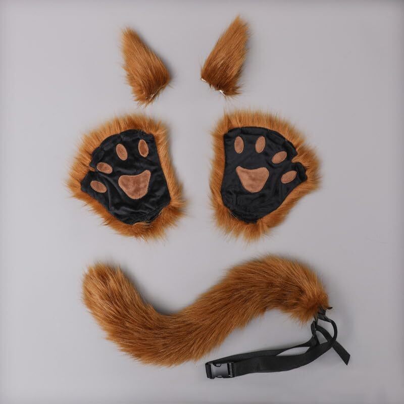 9886 Cat Ears Tail Set Faux Fur Fox Wolf Ear Headband Paw